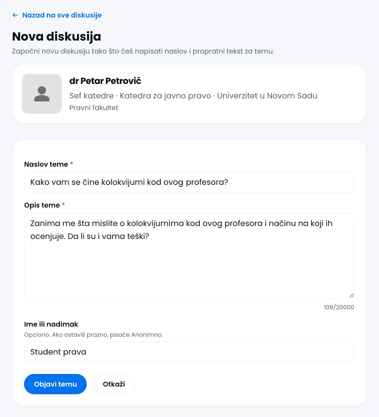 Placeholder screenshot profila profesora ili ustanove